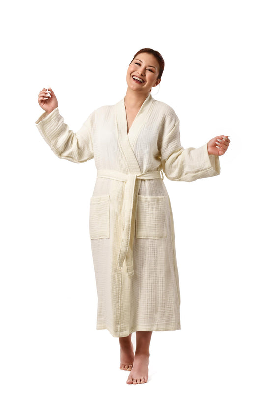 Cream Muslin Robe | Lightweight 100% Organic Cotton Gauze Bathrobe | Unisex Spa & Lounge Robe