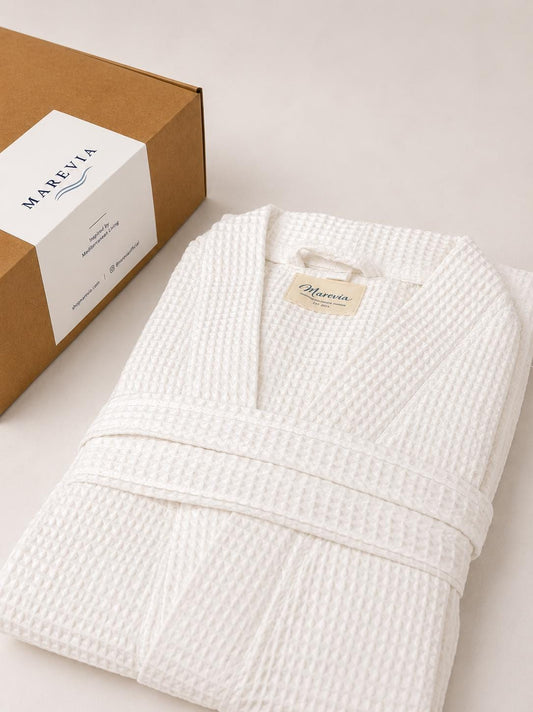 White Waffle Cotton Robe | Lightweight Turkish Spa Kimono Bathrobe
