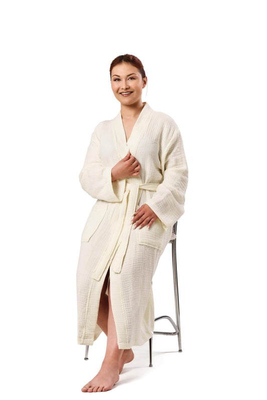 Cream Muslin Robe | Lightweight 100% Organic Cotton Gauze Bathrobe | Unisex Spa & Lounge Robe