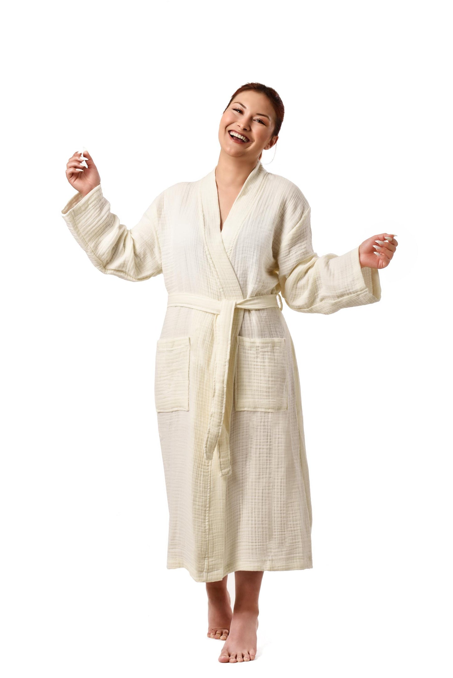 Cream Muslin Robe | Lightweight 100% Organic Cotton Gauze Bathrobe | Unisex Spa & Lounge Robe