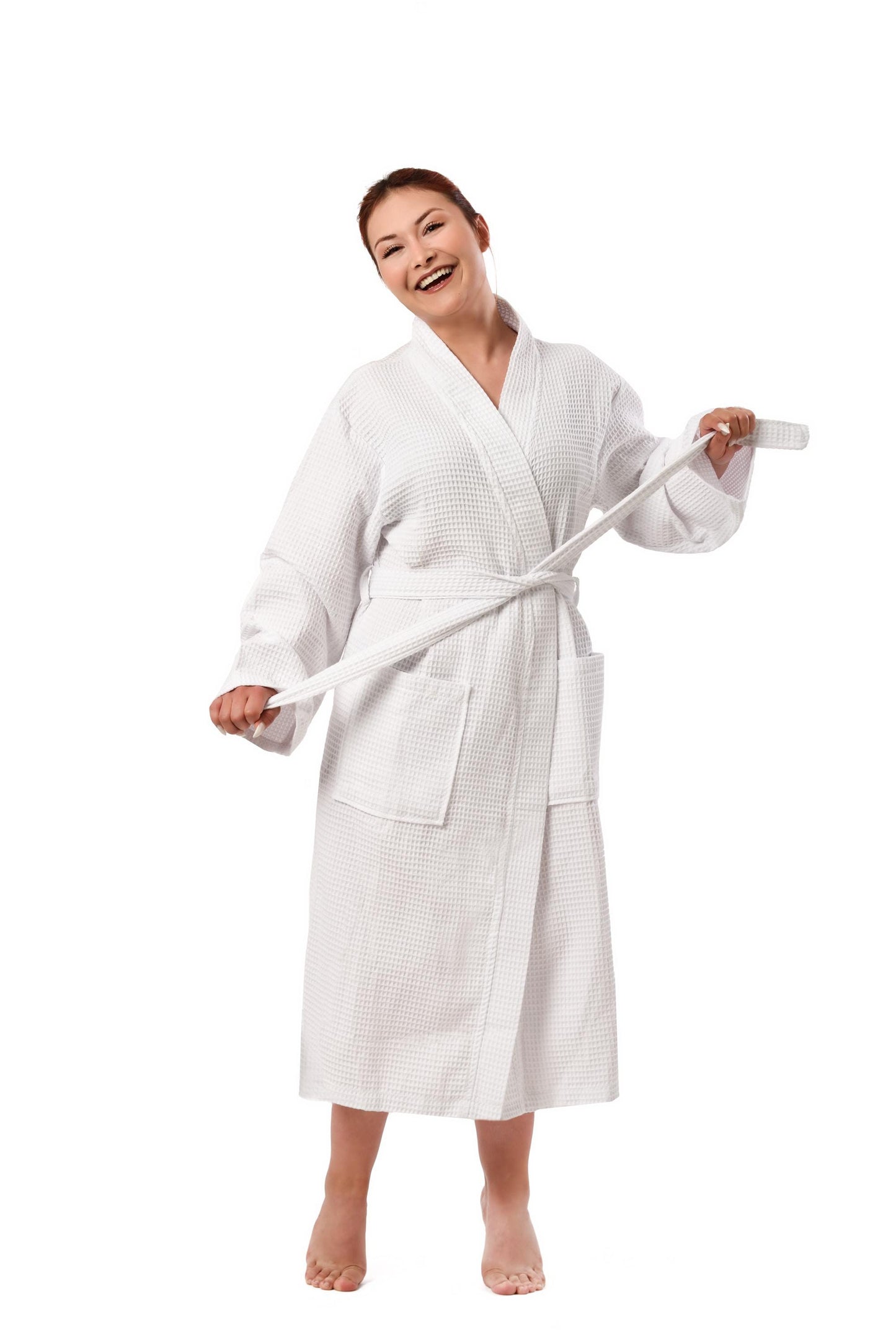 White Waffle Cotton Robe | Lightweight Turkish Spa Kimono Bathrobe