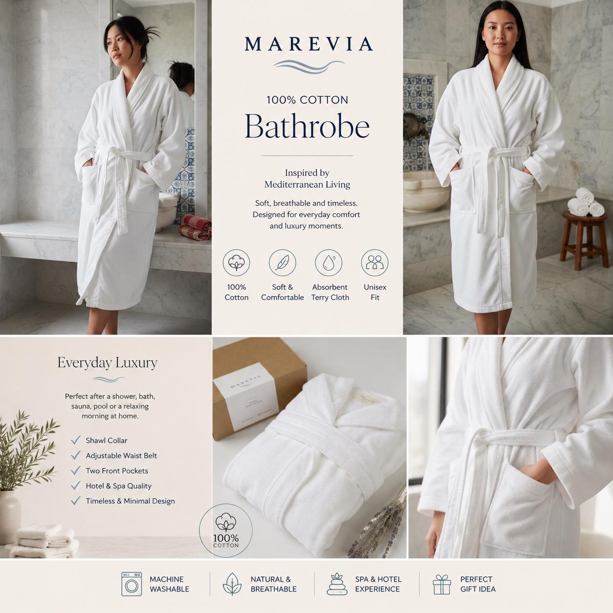 Turkish Cotton White Robe | Spa Bathrobe with Pockets, Belt
