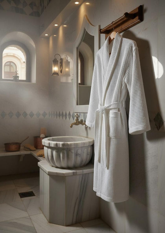 White Waffle Cotton Robe | Lightweight Turkish Spa Kimono Bathrobe